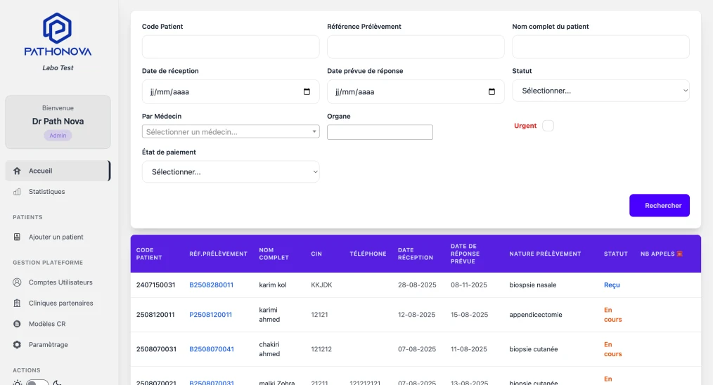 Interface logiciel gestion laboratoire anatomopathologie